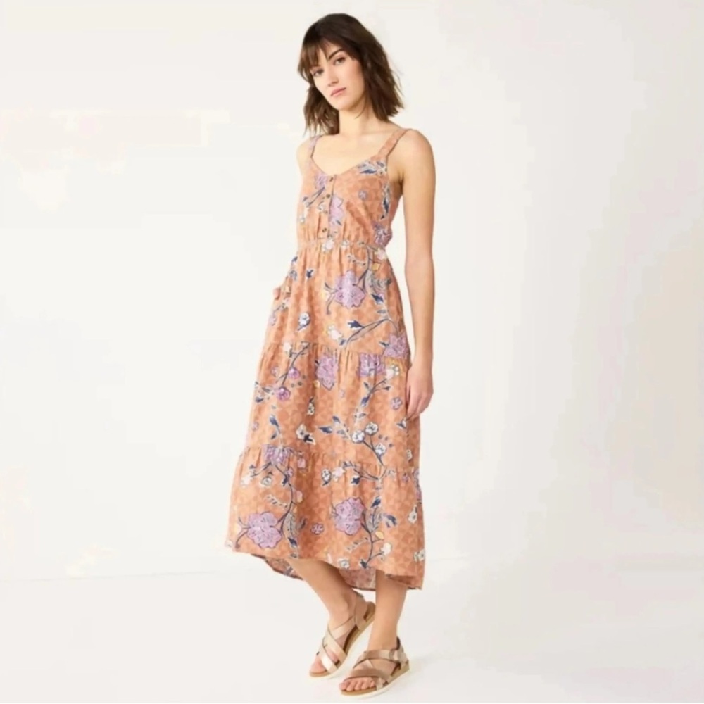Somona Dress Midi Floral Linen Smocked NEW